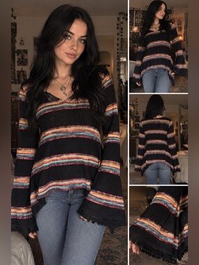 Vintage 2016core Gypsy Warrior Black Flare Long-Sleeve Knit with Stripes
